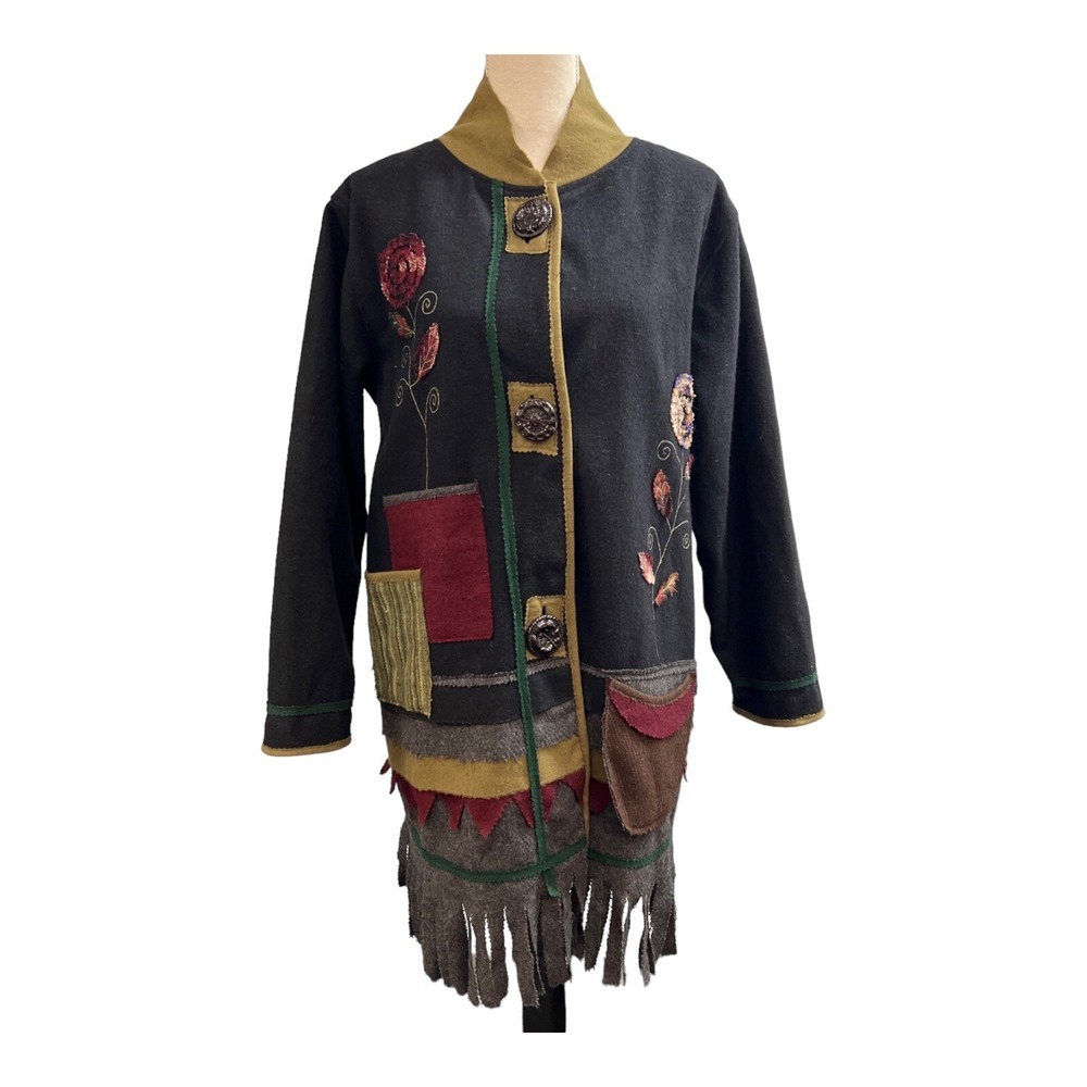Parsley & Sage Jacket Black Wool Floral Patchwork Fringe Size L Artsy Boho